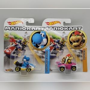 Hot Wheels Mario Kart Lot of 2 Light Blue Yoshi Standard Kart Bowser Badwagon